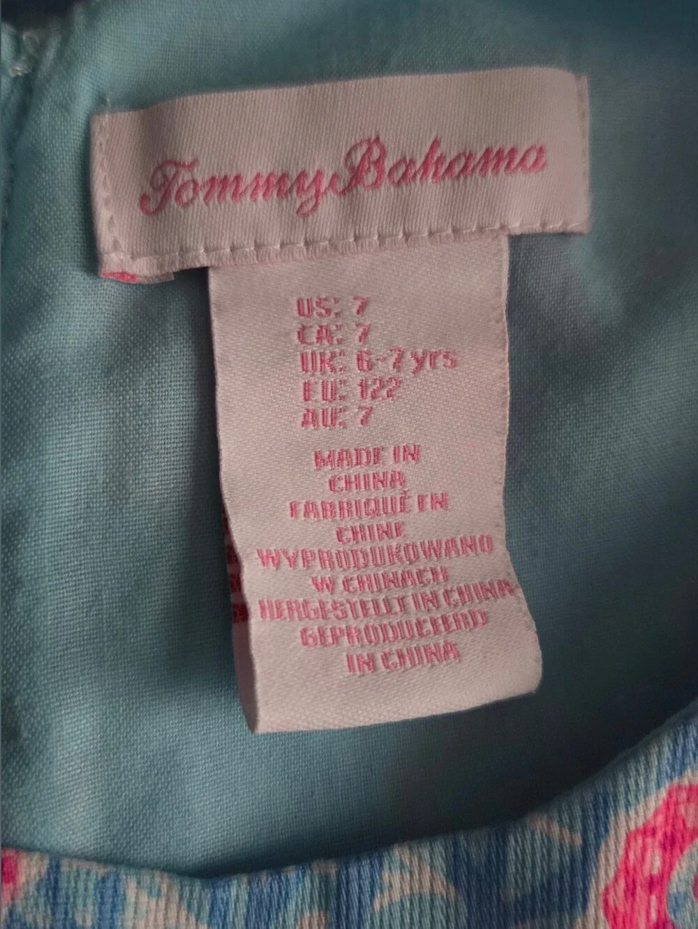 Tommy Bahama Girls Pink Seahorse Print Dress with Light Blue Background Size 7
